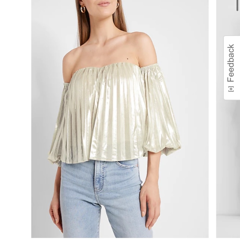 Metallic Pleated Off The Shoulder Balloon Sleeve Top
